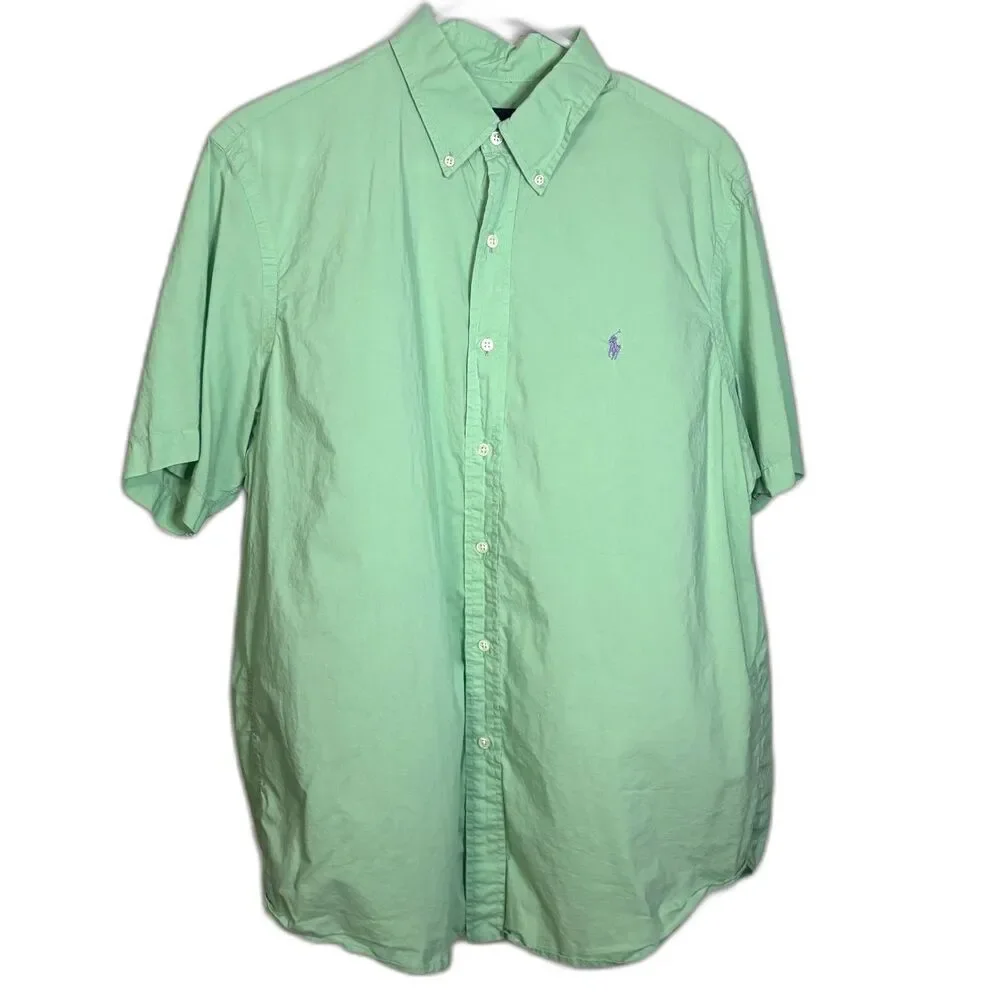 Ralph Lauren Men’s XL Lime Green Short Sleeve Button Down Purple Pony Preppy